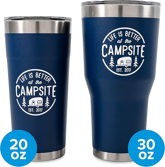 Camco Life is Better at The Campsite Tumbler | Heavy Duty Double Wall Vacuum Insulation | Crafted of 18/8 Stainless Steel | Unique “Life is Better at The Campsite” Design on Navy | 30-oz (53324)