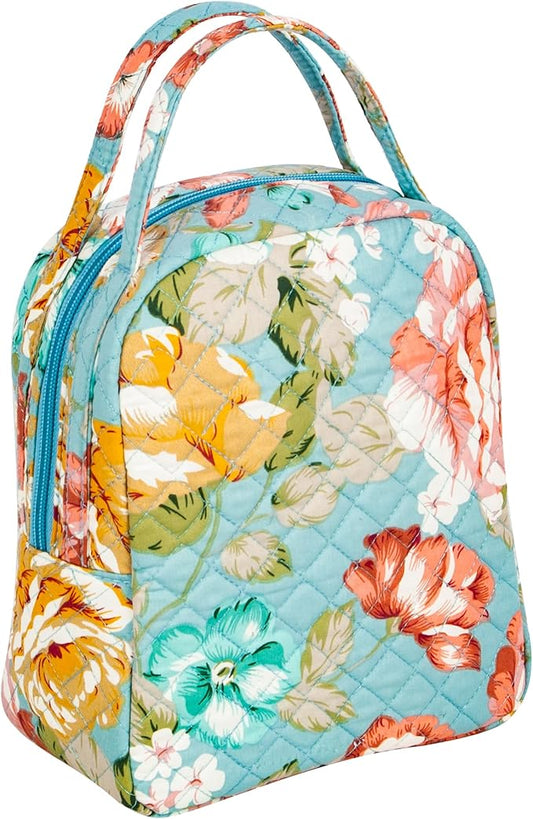Machine Washable Women Quilted Fabric Insulated Reusable Cooler Lunch Bag Tote Adult Thermal Lunch Box Storage Bag for Ｗork (Floral)