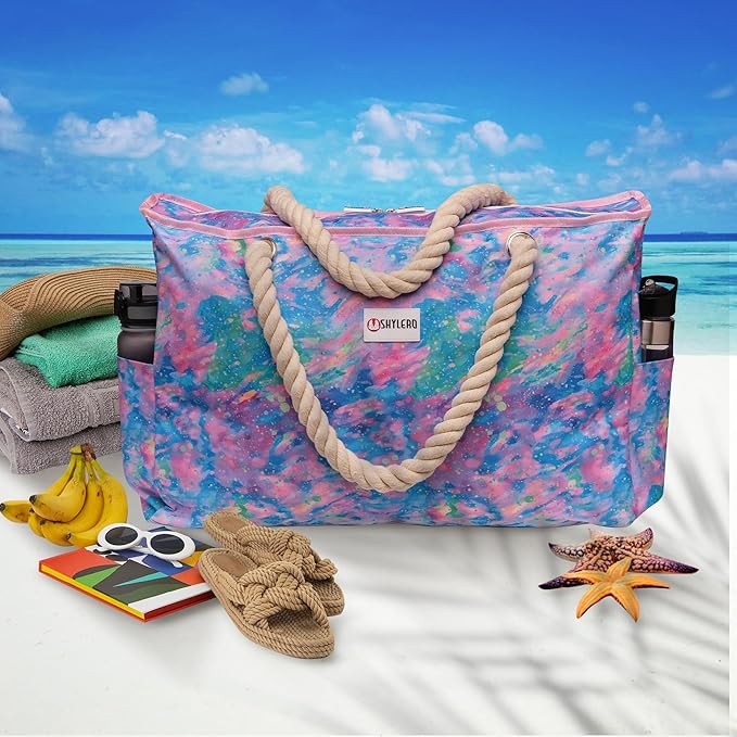 SHYLERO Beach Bag and Pool Bag. Has Airtight Pouch, Ton of Pockets. Beach Tote is Zippered, Water Resistant. Family Size