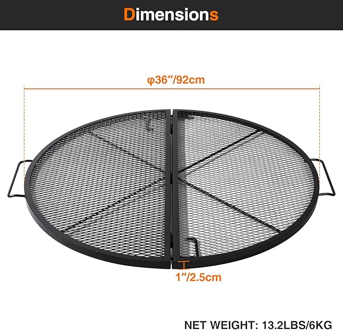 REDCAMP Foldable Fire Pit Cooking Grill Grate, Portable X-Marks Heavy Duty Steel Round Campfire BBQ Grill with Handle & Support Wire, Ideal for Outdoor Picnics & Gatherings, 36-Inch Black