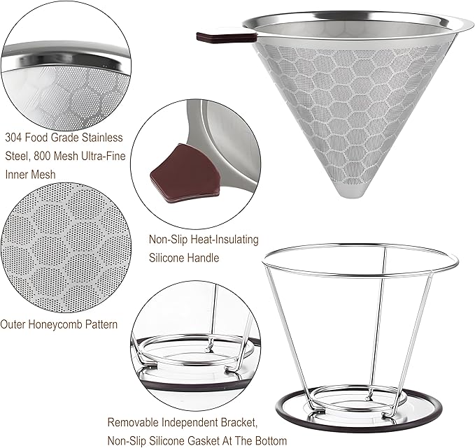 Pour Over Coffee Dripper 1-4 Cup 800 Mesh Inner Mesh Reusable Pour Over Filter Stainless Steel Coffee Strainer for Travel Coffee Dripper Easy to Clean Paperless Pour Over Coffee Maker