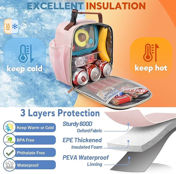 Lunch Box for Women Men Kids Girls Teen Adults,Insulated Lunch Bag with Bottle Holder,Small Lunch Box Cooler Lightweight Reusable LunchBox for Work Office School Travel Picnic-Light Pink