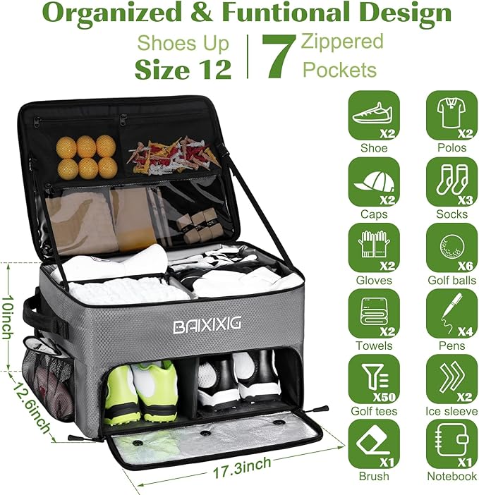 Golf Trunk Organizer, 2 Layer Waterproof Car Golf Locker with Separate Ventilated Compartment for 2 Pair Shoes, Golf Trunk Storage for Golf Accessories, Golf Gifts for Men