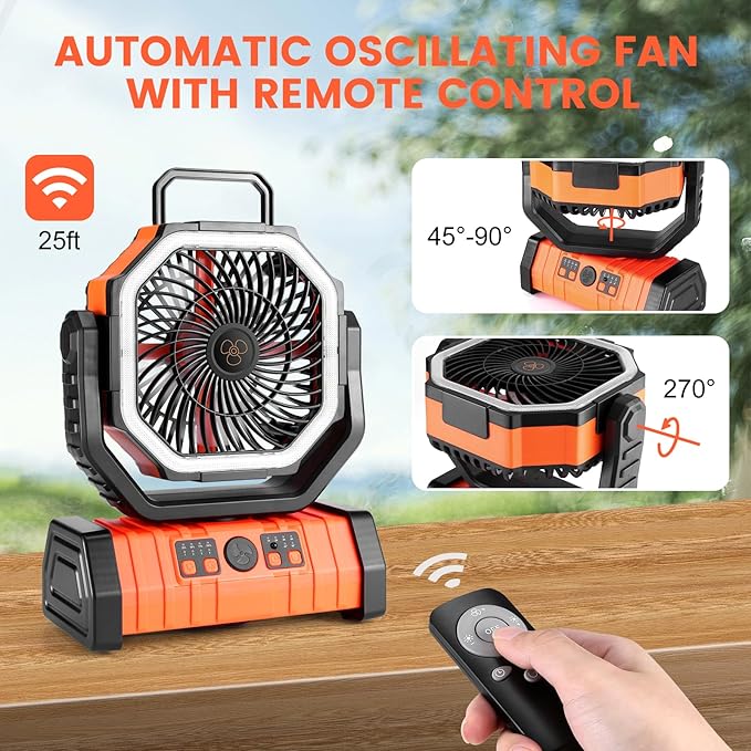 Odoland 30000mAh Camping Fan with LED Lantern, Rechargeable Battery Operated Oscillating with Remote Hook Stroage Bag, Portable Tent Fan with Timer, 4 Speeds for Outdoor RV Jobsite Power Outage,Orange