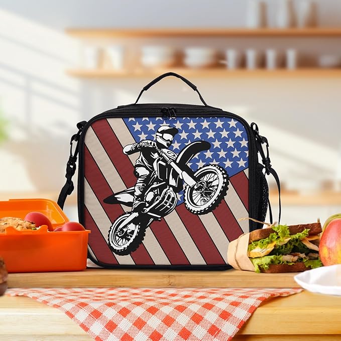 Motorcycle American Flag Lunch Bag Motocross Lunch Boxes for Women/Man Office Work Travel, School, Work, Picnic, Durable Reusable Insulated Large Lunch Tote Bag with Adjustable Shoulder Strap