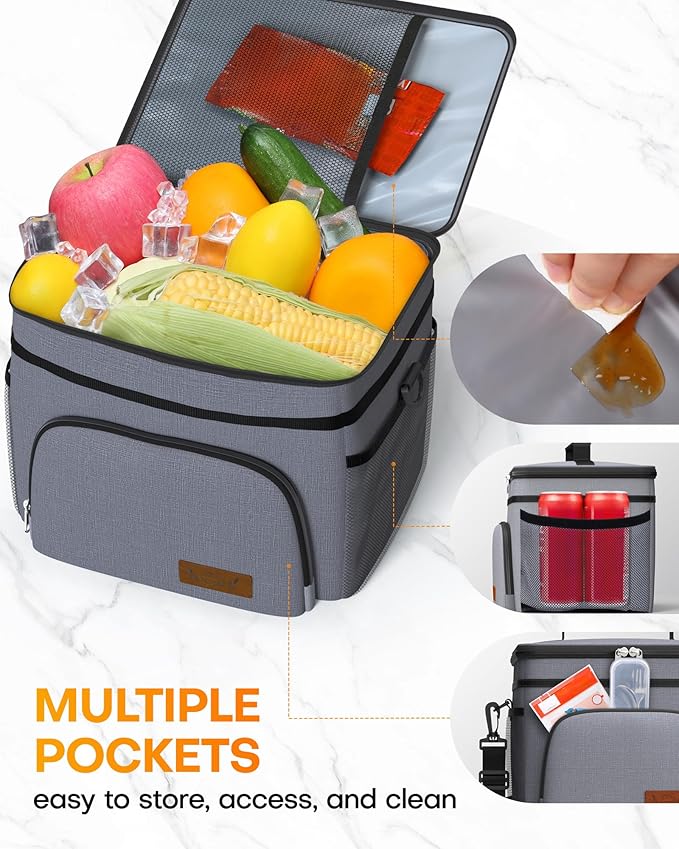 HOTOR Insulated Lunch Box for Men & Women - Leak-Proof Cooler Lunch Bag with 4 Pockets, Adjustable Strap, Ideal for Work, Picnic, Travel - Medium, Light Grey,10.2"×6.9"×8.5"