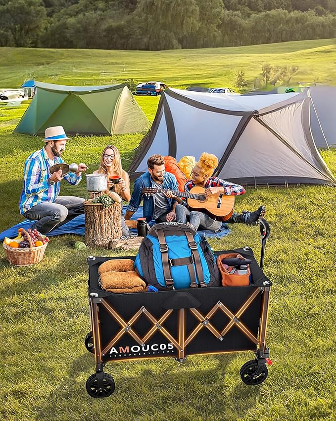 AMADA HOMEFURNISHING Wagons Carts Foldable, Collapsible Wagon with 360° Rotating Wheels and Side Pocket, Large Capacity 350LBS Foldable Wagon Cart for Shopping, Garden, Camping,Sports and Outdoor Use