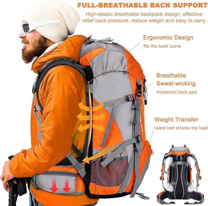 Loowoko 50L Hiking Backpack, Waterproof Camping Essentials Bag with Rain Cover, 45+5 Liter Lightweight Backpacking Back Pack