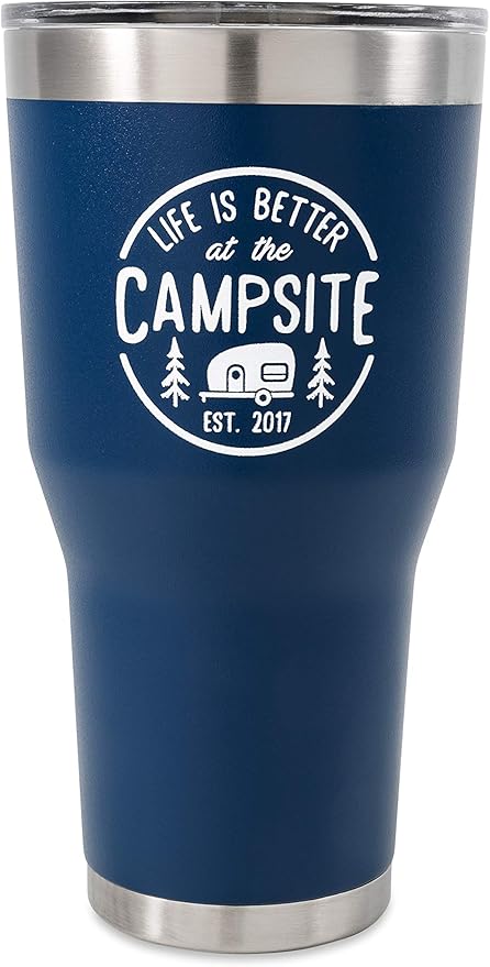 Camco Life is Better at The Campsite Tumbler | Heavy Duty Double Wall Vacuum Insulation | Crafted of 18/8 Stainless Steel | Unique “Life is Better at The Campsite” Design on Navy | 30-oz (53324)