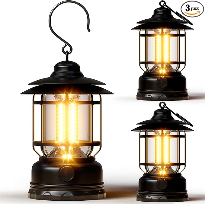 LED Camping Lanterns,3 Pack Rechargeable Battery Emergency Lighting with Stepless Dimming Vintage Portable Camping Lights & Lantern for Emergency Fishing Camping Hiking Power Outage Tabletop