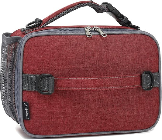 FlowFly Kids Lunch Bag, Durable Insulated School Lunch Box with Shoulder Strap and Bottle Holder, Water-resistant Thermal Small Lunch Cooler Tote for Teen Boys & Girls,Red