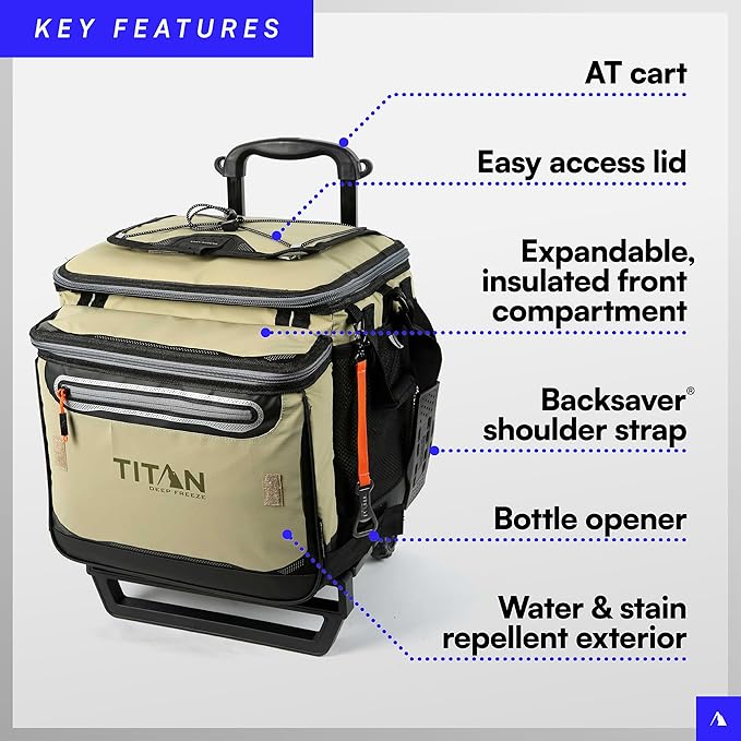 Titan Deep Freeze 60 (50+10) Can Wheeled Cooler - Collapsible Rolling Cooler with Wheels and All-Terrain Cart