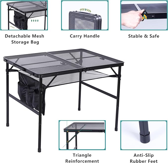 Nice C Table for Grill, Outdoor Table, Camping Table, Outdoor Cooking Table, Picnic Tables, Card Table Adjustable Height, Mesh Bag, Carry Handle (47.3” x 23.7“ x 14.7”/24.2“ Black)