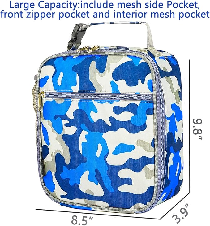 FlowFly Kids Lunch box Insulated Soft Bag Mini Cooler Back to School Thermal Meal Tote Kit for Girls, Boys, Camo