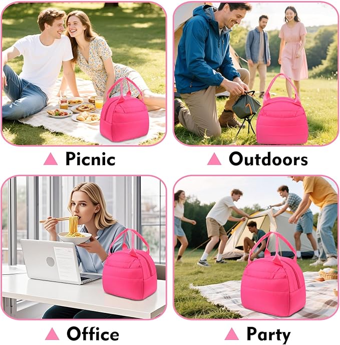 Lunch Bag Lunch Box for Women Men Adult Insulated Cute Small Quilted Puffer Lunchbox Reusable Thermal Lunch Cooler Tote Bag for Work, Picnic or Travel-Pink