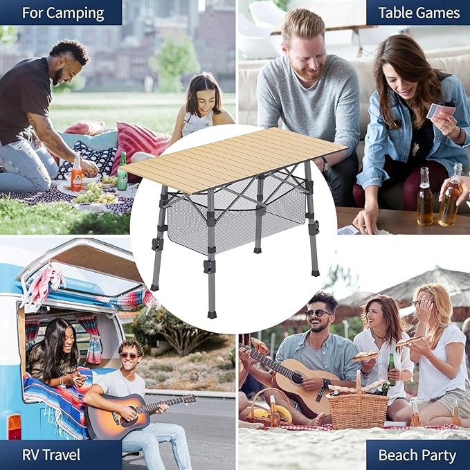 Portable Camping Table with Adjustable Legs, Picnic Table Lightweight Aluminum Roll-up beach tables for sand foldable, Folding Table with Large Storage Basket for Outdoor camping, BBQ and party