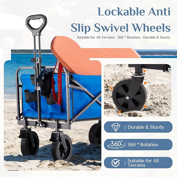 DUMOS Foldable Wagons Carts with All-Terrain Wheels, 170L & 400LBS Portable Shopping Wagon Large Capacity Utility Cart with Drink Holders, Heavy Duty Collapsible for Sand, Beach, Gardening (35IN Blue)