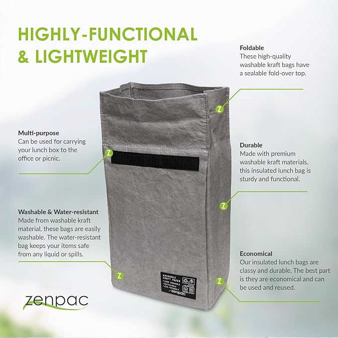 ZENPAC Small Silver Insulated Bag, Lunch Box for Men, Unisex, Designer Kraft, Washable, Spill Proof Sandwich Sack for Work, School, Picnic, 8.5x4.5x12