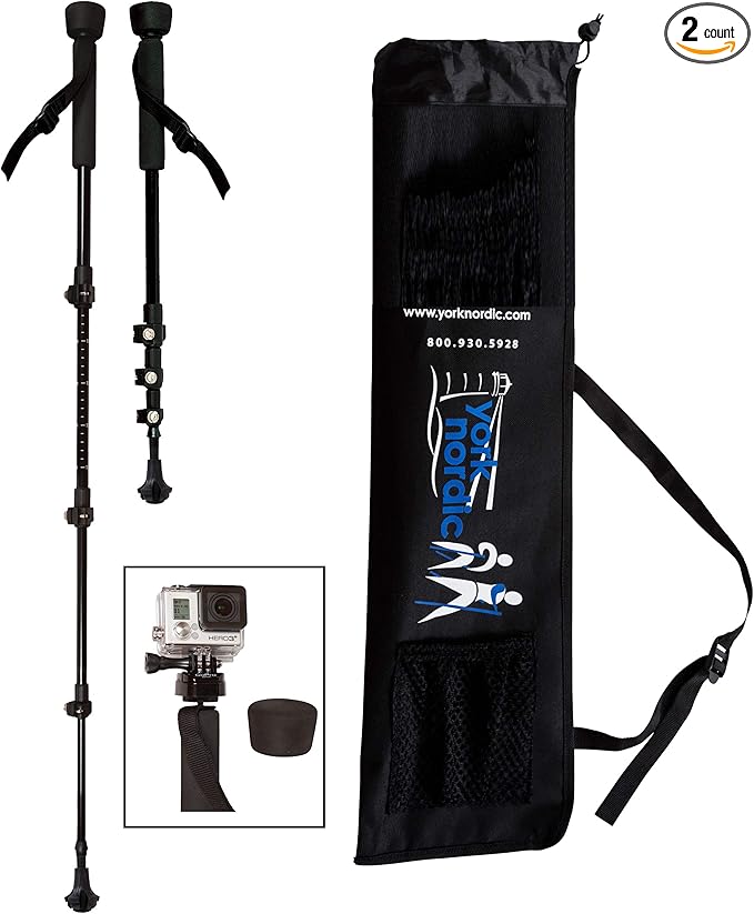 York Nordic PRO Collapsible 4 Piece Trekking/Walking Poles - Pair of monopod Poles w/3 flip Locks, Detachable Rubber feet, and GoPro Camera Mount Black