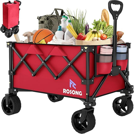 Folding Wagon Cart with Wheels Foldable - Collapsible Wagons Carts Heavy Duty, Fold Up Portable Utility Wagon for Grocery Beach Sports Fishing Camping Shopping Wine red