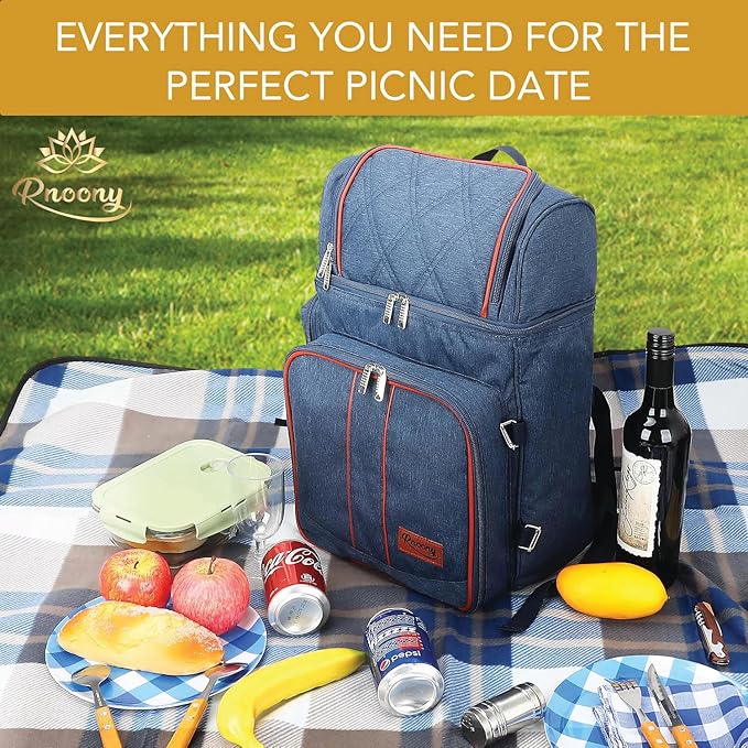 Rnoony Picnic Backpack for Camping, Picnic Basket for with Insulated Cooler Bag and Bottle Pouch,Camping Gifts for Couples with Lightweight Blanket and Cutlery Set for Family, Couple and Hiking