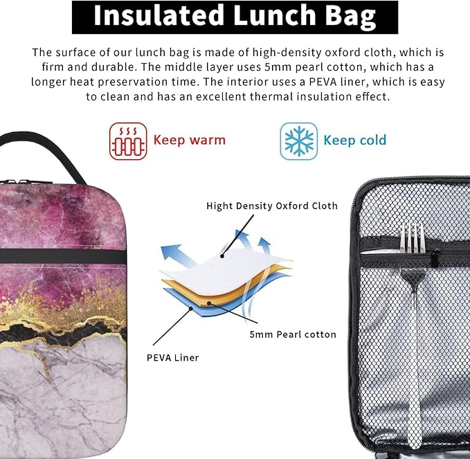 Fashion Marble Lilac Gold Purple Insulated Lunch Bag Reusable Cooler Lunch Box Portable Leakproof Thermal Container Tote Bags for Girls Boys School Travel