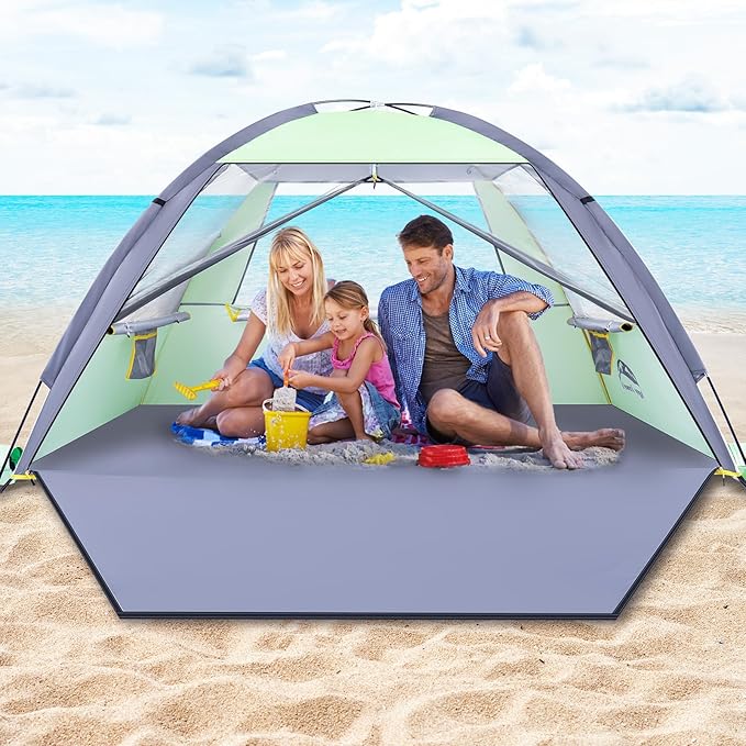 Happy Travel Beach Tent Sun Shelter for 3/4/5/6/7/8 Person, Portable UPF 50+ UV Protection Beach Shade Canopy for Family & Baby, Lightweight & Easy Setup Beach Cabana with 3 Ventilation Mesh Windows