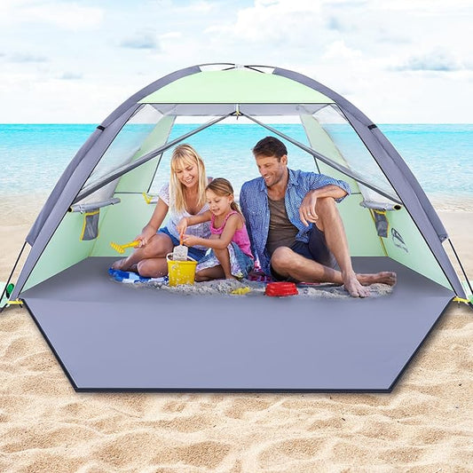 Happy Travel Beach Tent Sun Shelter for 3/4/5/6/7/8 Person, Portable UPF 50+ UV Protection Beach Shade Canopy for Family & Baby, Lightweight & Easy Setup Beach Cabana with 3 Ventilation Mesh Windows