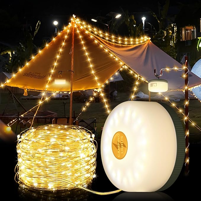 Camping String Lights Outdoor Warm Lighting,1500mAh USB Portable Rechargable Camping Lights String 26.2FT with 5 Lighting Modes,Waterproof Camping Tent Lights for Party&Halloween(Green)