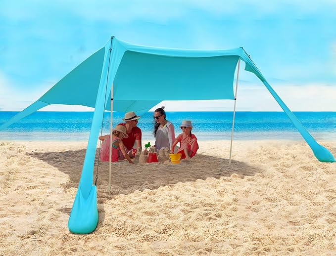 FBSPORT Beach Tent Sun Shelter, Portable Beach Shade Canopy UPF50+ with Sandbags for Outdoor Family Camping, Fishing, Backyard Fun, Picnic, 7 x 7ft