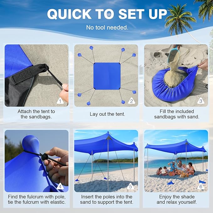 Rhino Valley Beach Tent Sun Shelter, 10x10FT Beach Canopy Tent Sun Shade UPF50+ Protection with 8 Sandbags 4 Stability Poles, Outdoor Beach Shade Canopy 6-8 People for Beach Camping Fishing