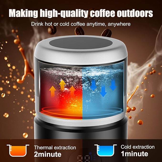 Portable Coffee Machine with 2 Removable rechargeable Batteries 15,000mAh, Electric Coffee Maker for Camping & Travel, 80ml Hot/Cold Coffee, 20bar, USB-C Espresso Machine, Camping Coffee Makers Black