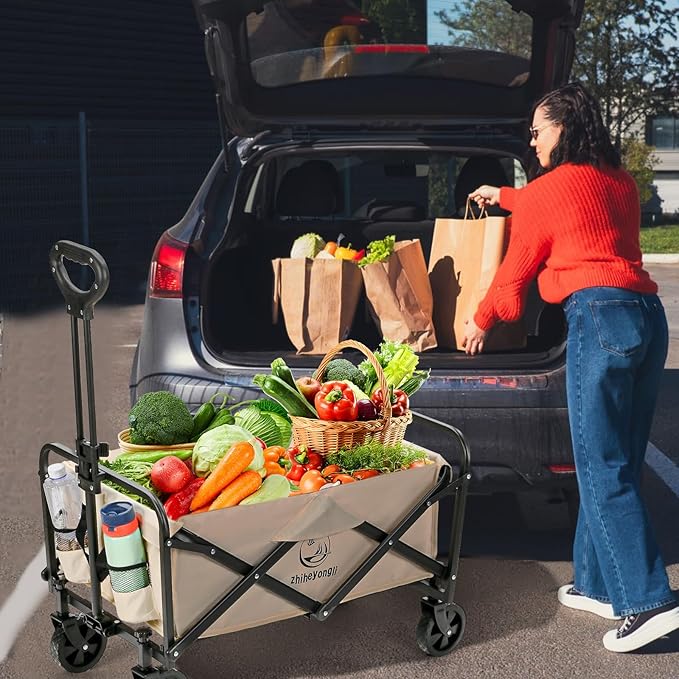 Folding Wagon Cart, Portable Large Capacity Beach，Heavy Duty Utility Collapsible with All-Terrain Wheels，Cart Foldable Wagon for Camping,Shopping,Beach, Garden(Beige)