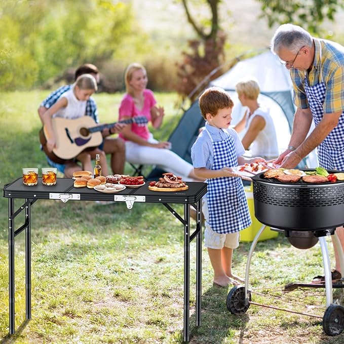 Folding Camping Table with Storage Net, 3ft Camping Table Aluminum Folding Table with 3 Adjustable Height Max 27.1 Inch Picnic Table Portable Table for Outdoor Backyard BBQ, Pure Black