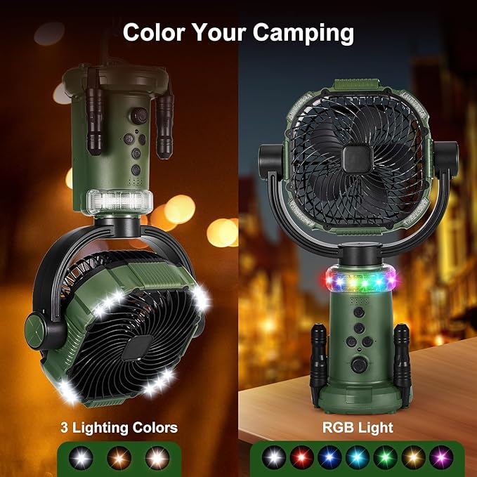 Odoland Camping Fan with Lantern, 360° Oscillation 20000mAh Table Fan with Remote & Hook, Rechargeable Battery Operated Outdoor Power Fan with Light for Camp, Family Travel and Jobsite, Green