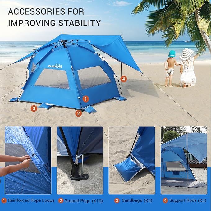 Elegear Beach Tent With 360 Removable Canopy, 4-6 Person Pop Up Sun Shade Shelter, UPF 50+ Automated Installation Double Silver Coating Portable Lightweight Cabana