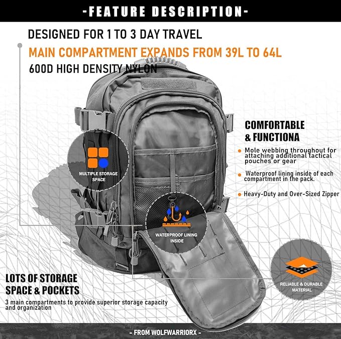 Tactical Backpack Military Army Daypack - Assault Pack for Men Molle Backpacks Bug Out Bag 3 Day Pack for Hiking Camping Travel Hunting Rucksack Trekking Grey