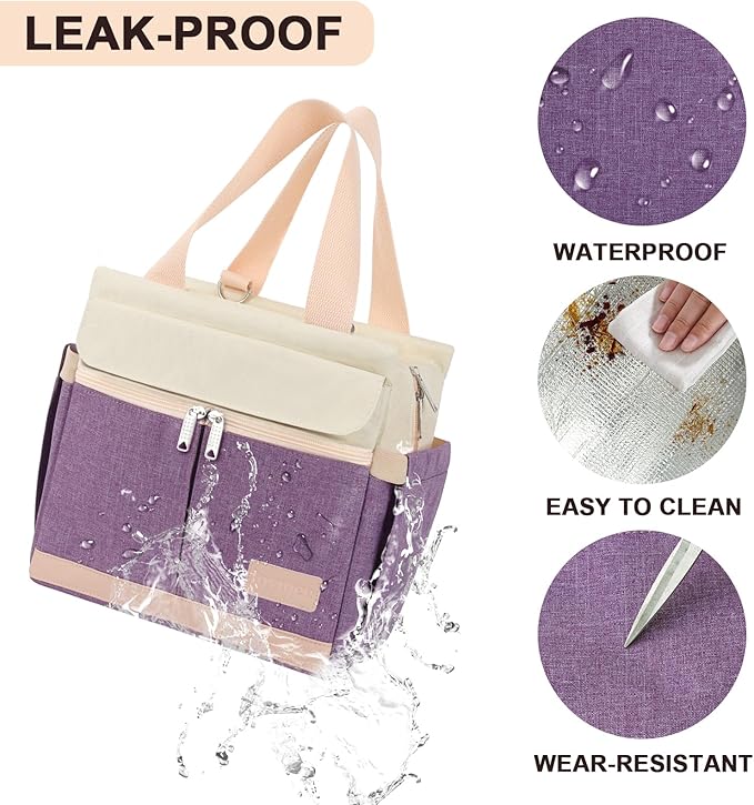 Joymee Lunch Box for Women Insulated Lunch Bag with Shoulder Strap Reusable Leakproof Large Spacious Lunch Cooler Tote for Women Adult with Bottle Holder and Side Pockets for Work Picnic - Purple