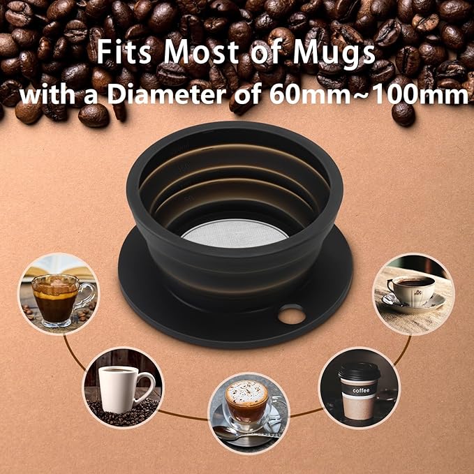 Paperless Collapsible Pour Over Coffee Dripper - Reusable Silicone Coffee Filter Pour Over for Travel and Camping - Single Cup Drip Coffee Maker Pour Over with Metal Mesh Coffee Filter (Black)
