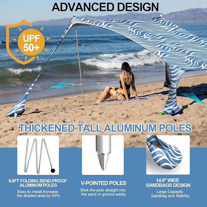 Buheco Beach Tent Pop Up Shade 7x7.5ft Beach Canopy Sun Shelter UPF50+ with 4 Foldable Poles-Portable Carrying Bag-Sand Shovel-Ground Pegs-Windproof Ropes for Outdoor Family Camping-Fishing- Picnic
