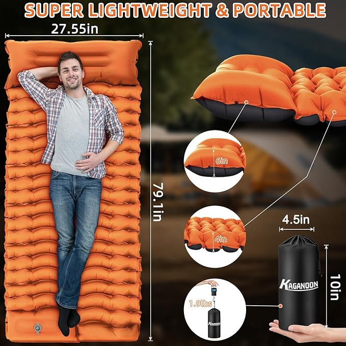 Sleeping Pad for Camping, Ultralight Inflatable Camping Mat with Pillow Built-in Foot Pump Sleeping Pads, Compact & Lightweight Camp Air Mattress for Backpacking, Hiking