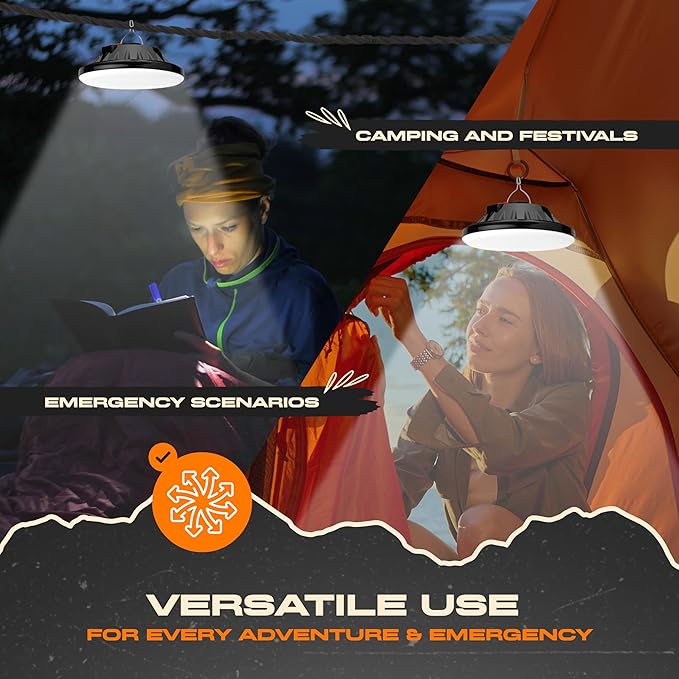 Portable LED Hanging Tent Lights for Camping - Splash Proof IP44 Rated Solar Camping Light Rechargeable - ABS Water Resistant Canopy Lights Outdoor - Chrome Hook for Hanging Downlight - Pack 2