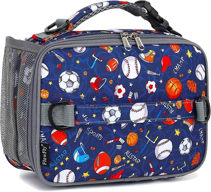 FlowFly Kids Lunch Bag, Durable Insulated School Lunch Box with Shoulder Strap and Bottle Holder, Water-resistant Thermal Small Lunch Cooler Tote for Teen Boys & Girls,Rugby