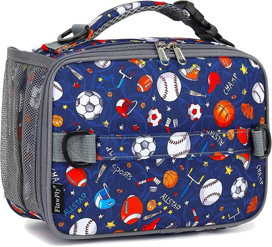 FlowFly Kids Lunch Bag, Durable Insulated School Lunch Box with Shoulder Strap and Bottle Holder, Water-resistant Thermal Small Lunch Cooler Tote for Teen Boys & Girls,Rugby