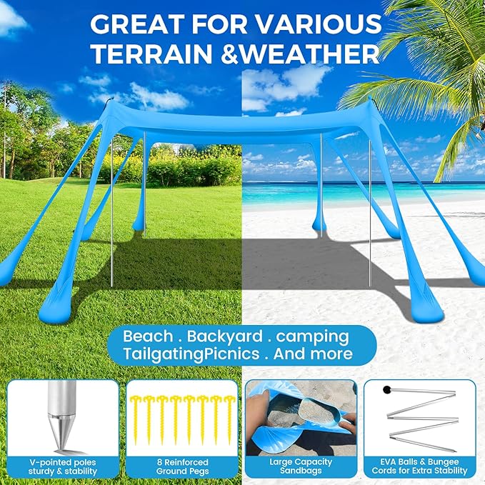 Large Beach Tent Canopy Pop Up Shade 10x10ft Sun Shelter Portable with UPF50+ UV Protection 8 Sandbags 4 Aluminum Poles 2 Sand Shovel Ground Pegs Carrying Bag for Outdoor Camping Fishing Yard Picnics