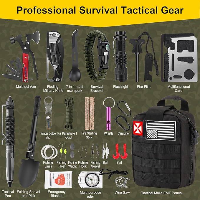 Survival First Aid Kit, 248PCS Survival Tools Camping Essentials Tactical Gear Emergency Trauma Medical Supplies Packed in a MOLLE Pouch, Saber Card,Cool for Men Camping Hiking Outdoor Activities