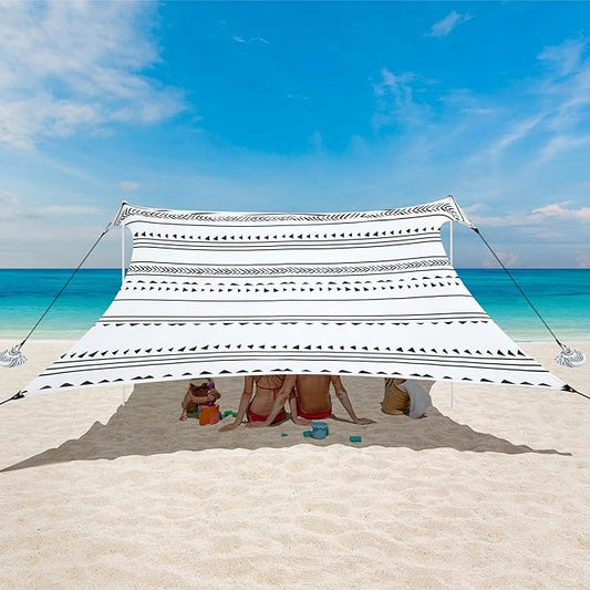 Beach Tent, Beach Canopy Sun Shade UPF 50+, Portable 10×10 FT Camping Sun Shelter with Sandbags, Poles, Ground Pegs and Anti-Wind Ropes Easy Setup for Outdoor, Backyard, Picnics, Fishing