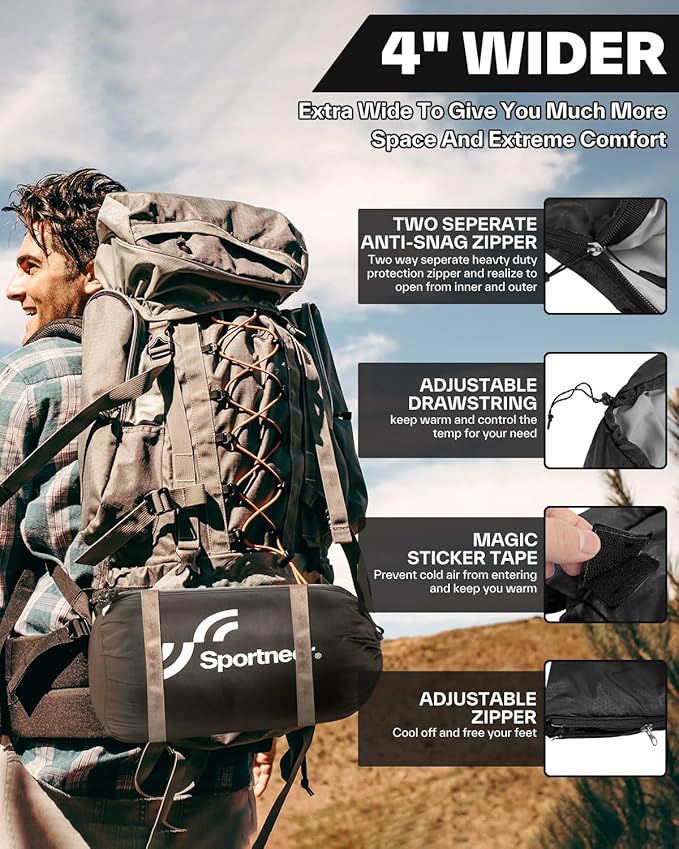 Sportneer Sleeping Bags for Adults, Warm & Cold Weather Sleeping Bag for Adults Kids Boys Girls - Lightweight Compact Camping Gear Equipment, Traveling, Backpacking, Hiking