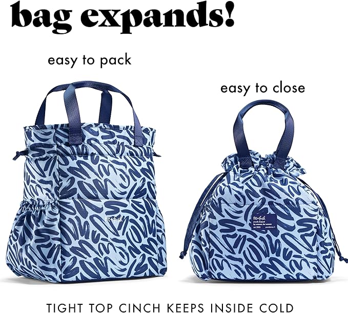 Fit & Fresh Lunch Bag For Women, Insulated Womens Lunch Bag For Work, Stain-Resistant Large Lunch Box For Women With Containers, Cinch Closure Cromwell Bag Navy Brush Strokes