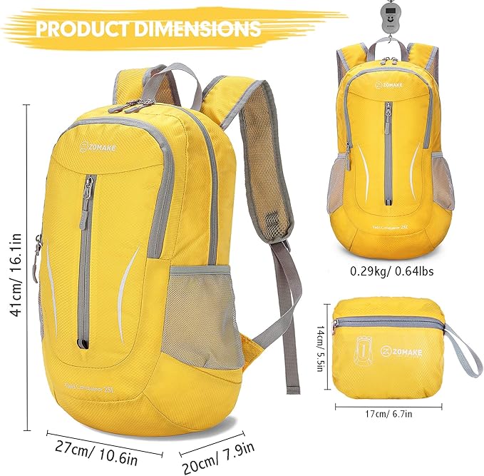 ZOMAKE Ultra Lightweight Packable Backpack 25L, Foldable Hiking Backpacks Water Resistant Small Folding Daypack for Travel(Yellow)